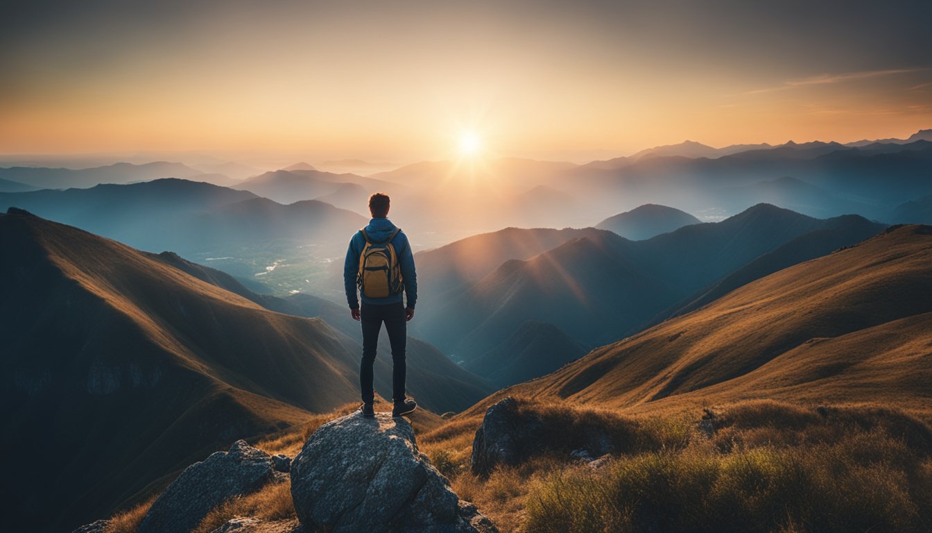 A person standing on a mountaintop, gazing out at a breathtaking sunrise, with a sense of determination and hope in their eyes