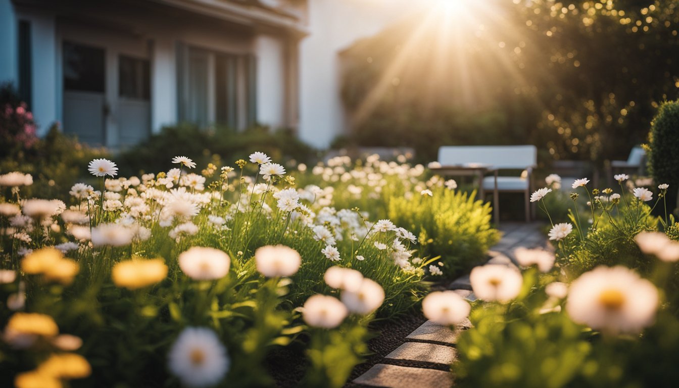 A serene garden with blooming flowers and a glowing light, surrounded by inspirational movie posters