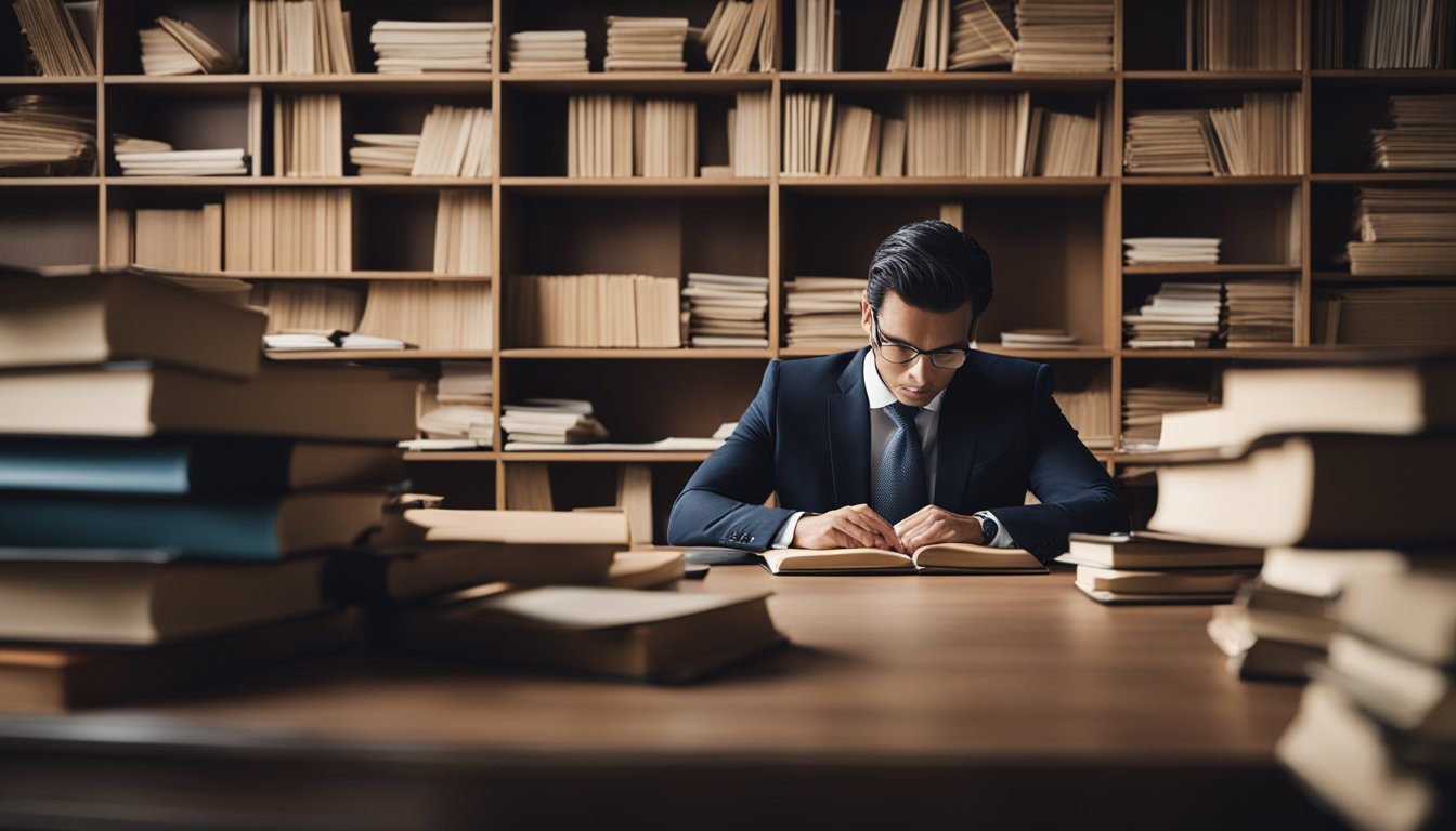 A figure sits at a desk, surrounded by books and papers. They are deep in thought as they construct the first comprehensive theory of personality