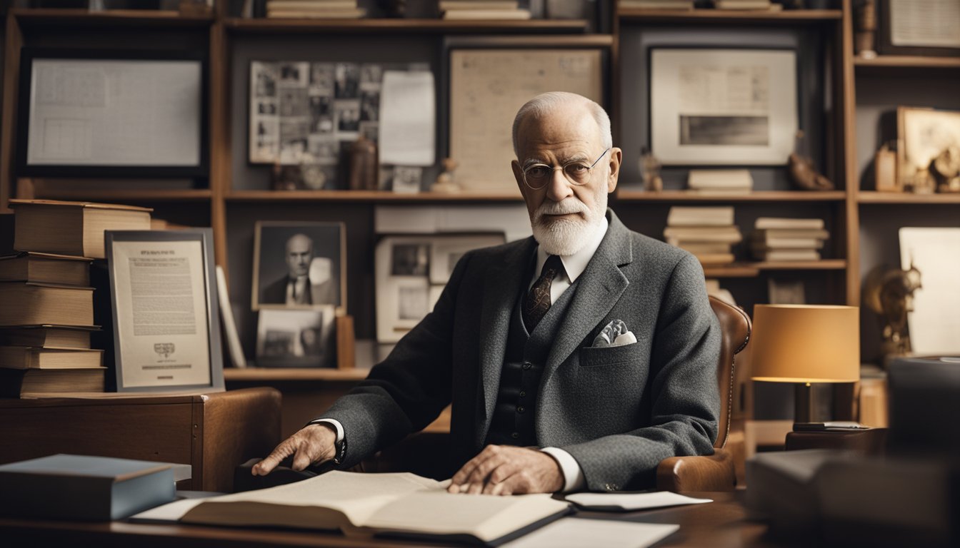 A serene office with a comfortable couch, a desk cluttered with papers, and a bookshelf filled with psychology texts. A framed portrait of Sigmund Freud hangs on the wall, surrounded by dream interpretation symbols