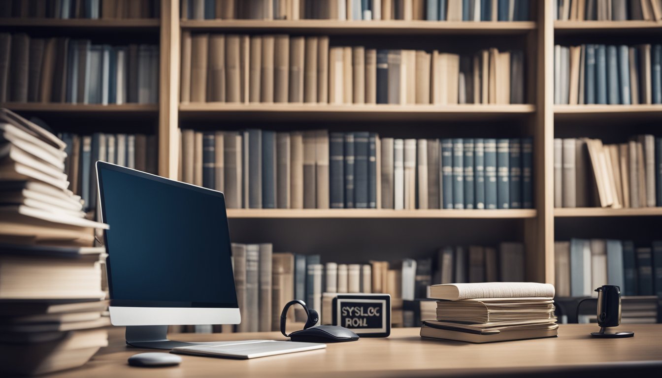 A bookshelf filled with psychology texts, a desk with research notes, and a computer displaying personality assessment methods