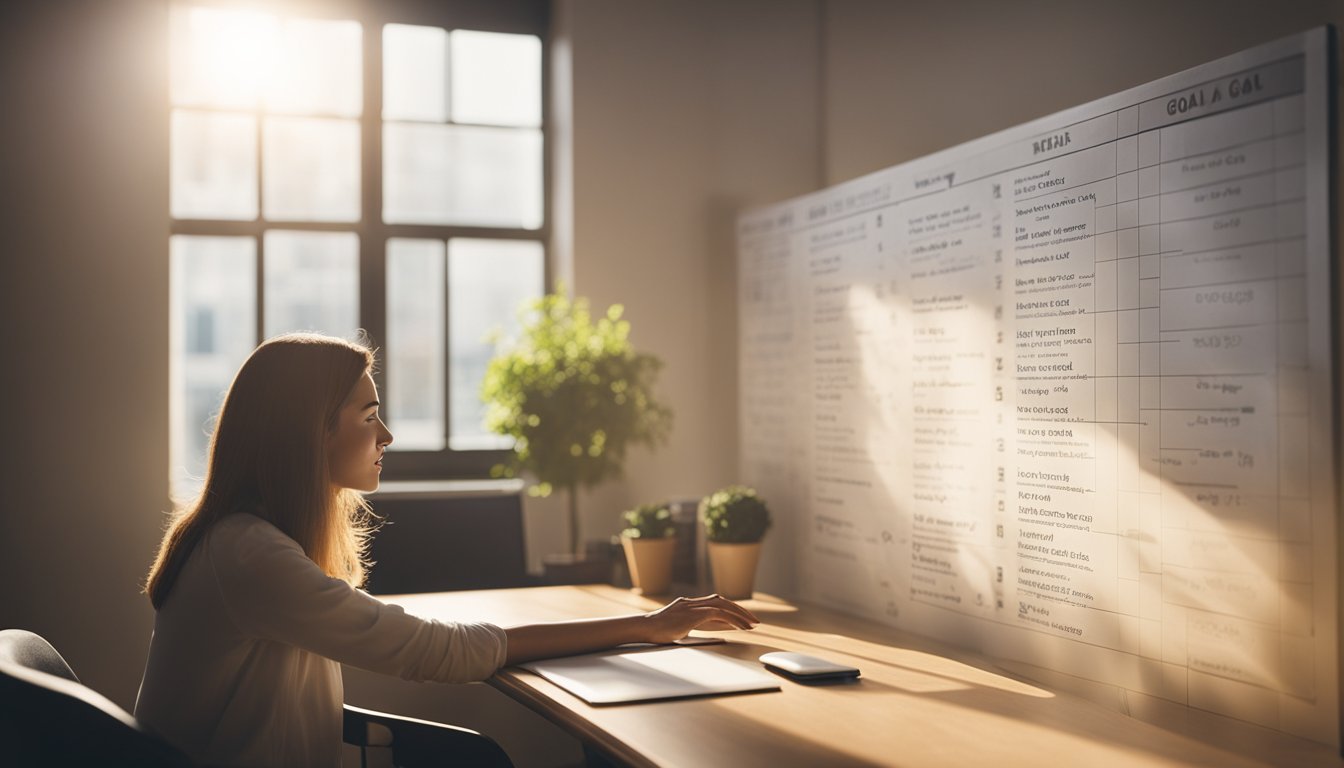 A serene, sunlit room with a desk covered in motivational quotes about personal growth. A person's hand reaches out to a goal chart on the wall