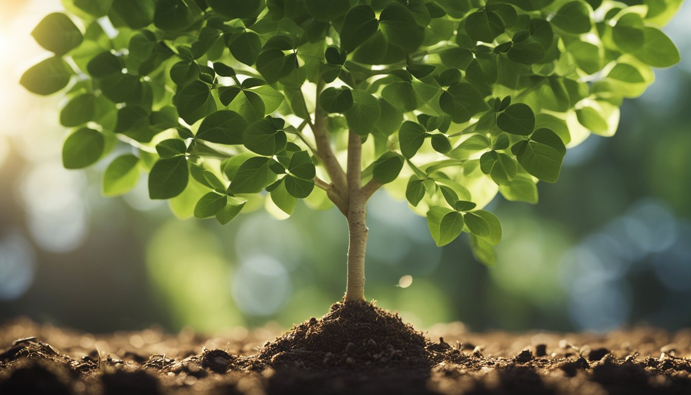 A tree growing from a small seed to a tall, strong trunk, symbolizing personal growth. Surrounding plants show progress and change