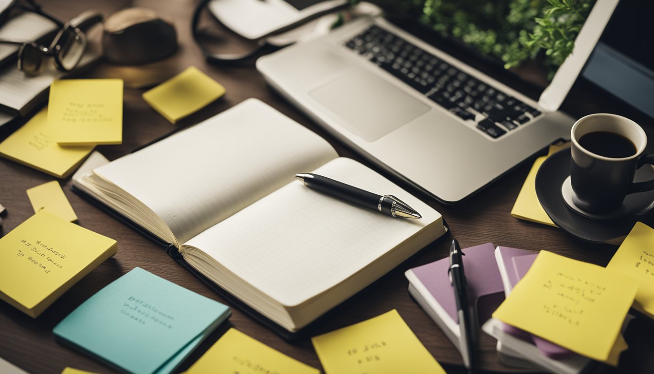 A desk with open books, a pen, and a notebook. Post-it notes with personal growth quotes are scattered around. A laptop displays "Practical Steps for Personal Development."