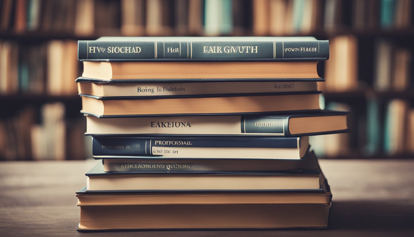 A stack of books with titles on personal growth, surrounded by speech bubbles containing frequently asked questions