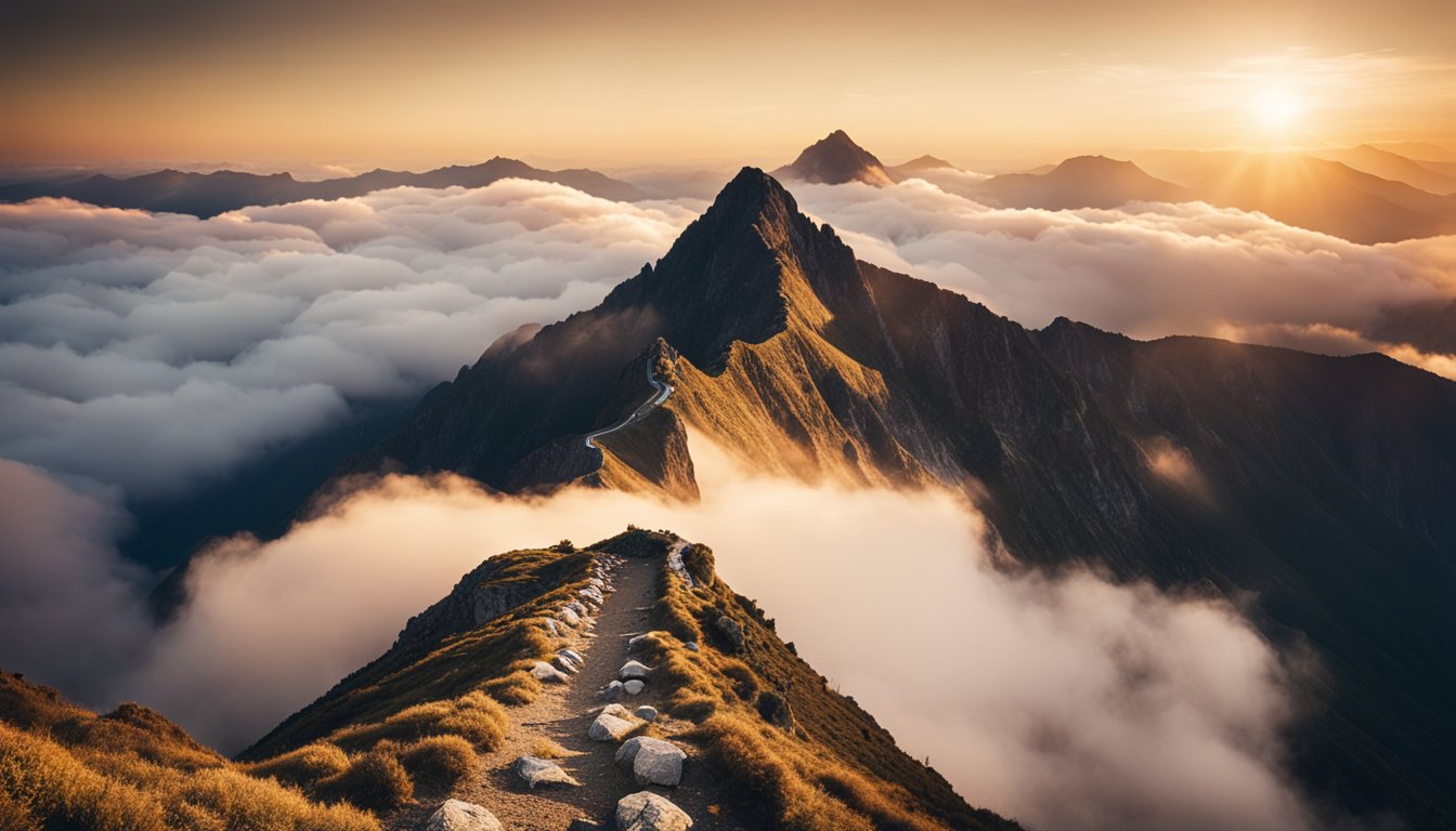 A mountain peak rising above the clouds, bathed in golden sunlight, with a winding path leading to the top