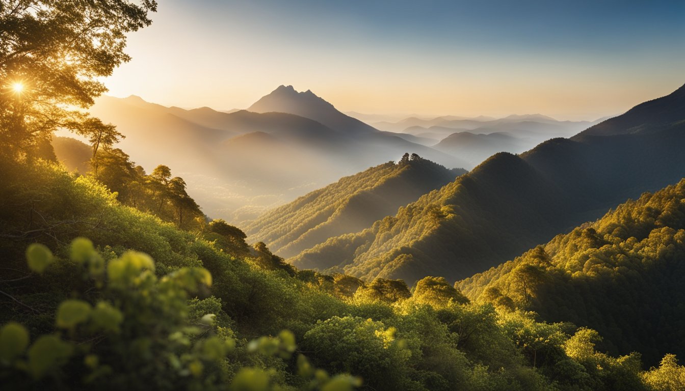 A mountain peak bathed in golden sunlight, overlooking a vast, lush valley below. A lone tree stands tall, its branches reaching towards the sky, symbolizing growth and achievement