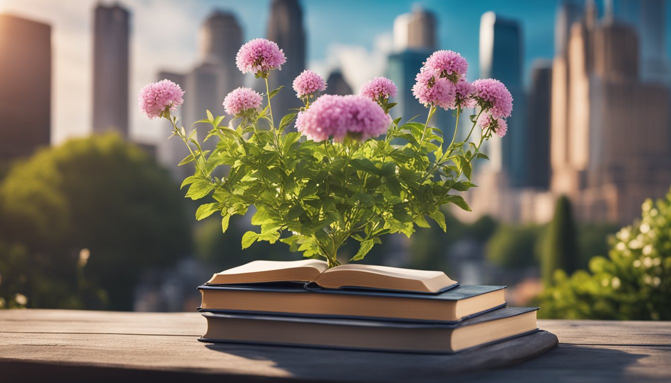 A flourishing garden with blooming flowers, a bustling city skyline, a stack of books, and a thriving business symbolize success in various life domains