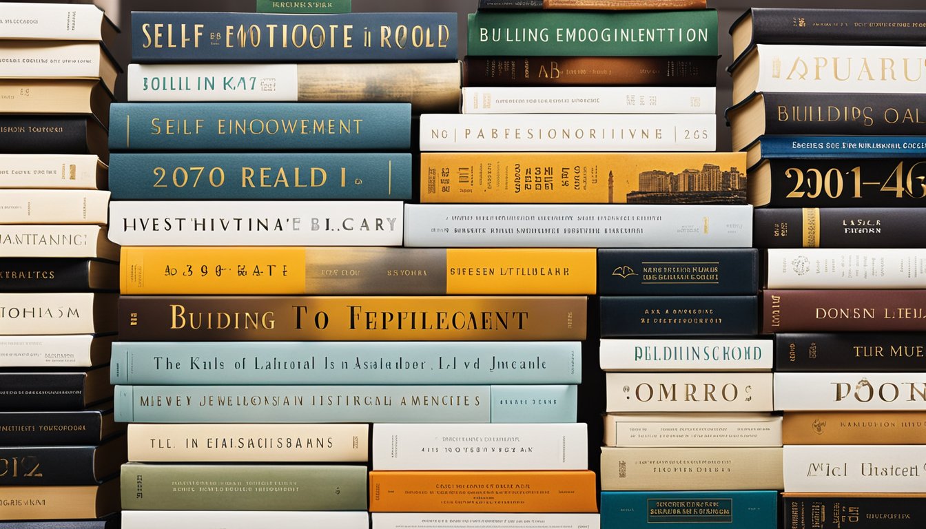 A stack of self-improvement books arranged by year, with titles like "Building Emotional Intelligence" and "Most Significant Books to Read in 2024."