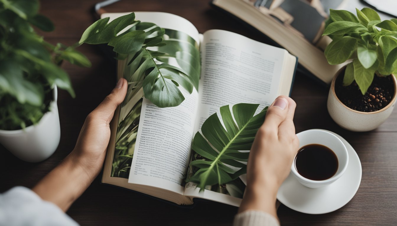 A person reading self-improvement books in 2024, surrounded by plants, exercise equipment, and healthy snacks