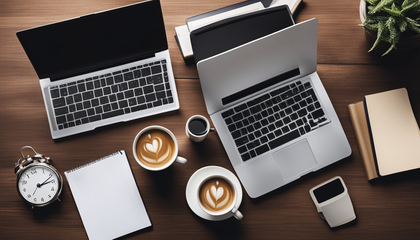 A desk with open books on self-improvement, surrounded by a laptop and notepad. A clock shows the time, and a cup of coffee sits nearby