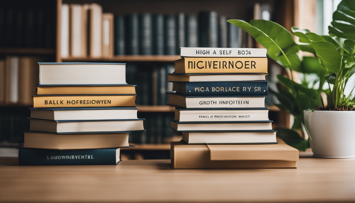 A stack of self-improvement books from 2024, surrounded by plants and a motivational quote, symbolizing growth mindset