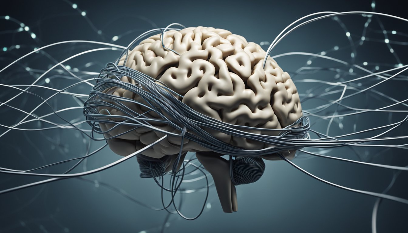 A brain with tangled wires slowly untangling, influenced by time and recovery factors