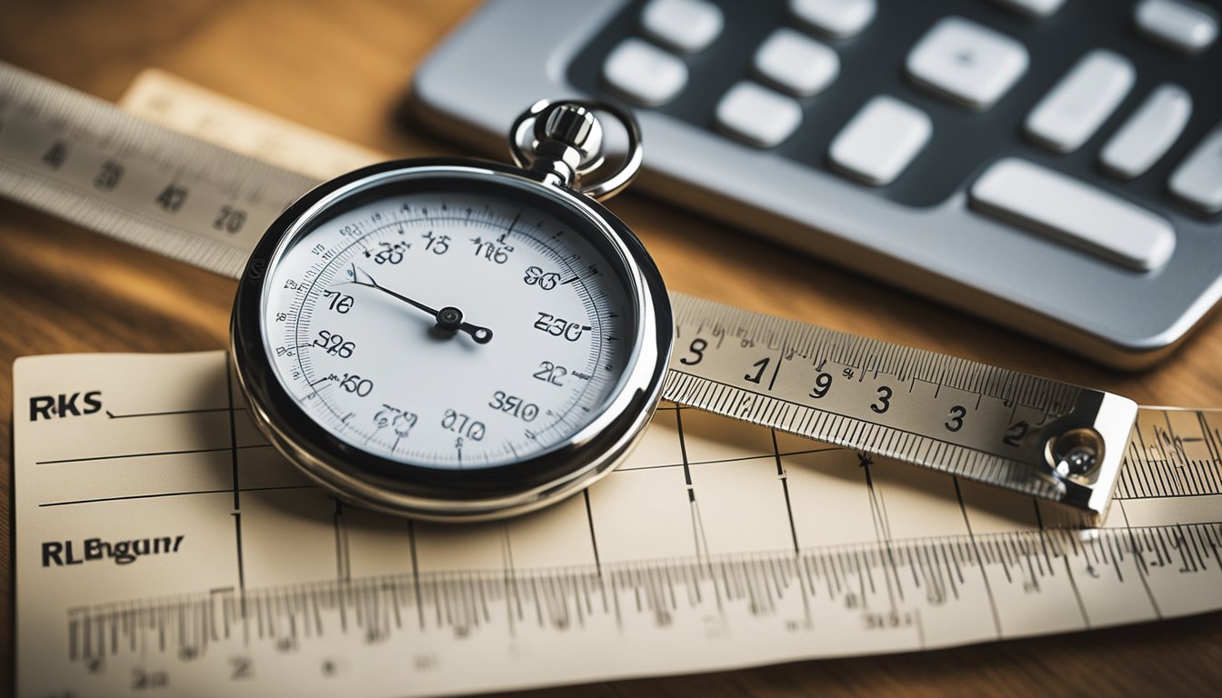 A ruler, a scale, and a stopwatch placed on a table. A chart with various data points displayed in the background