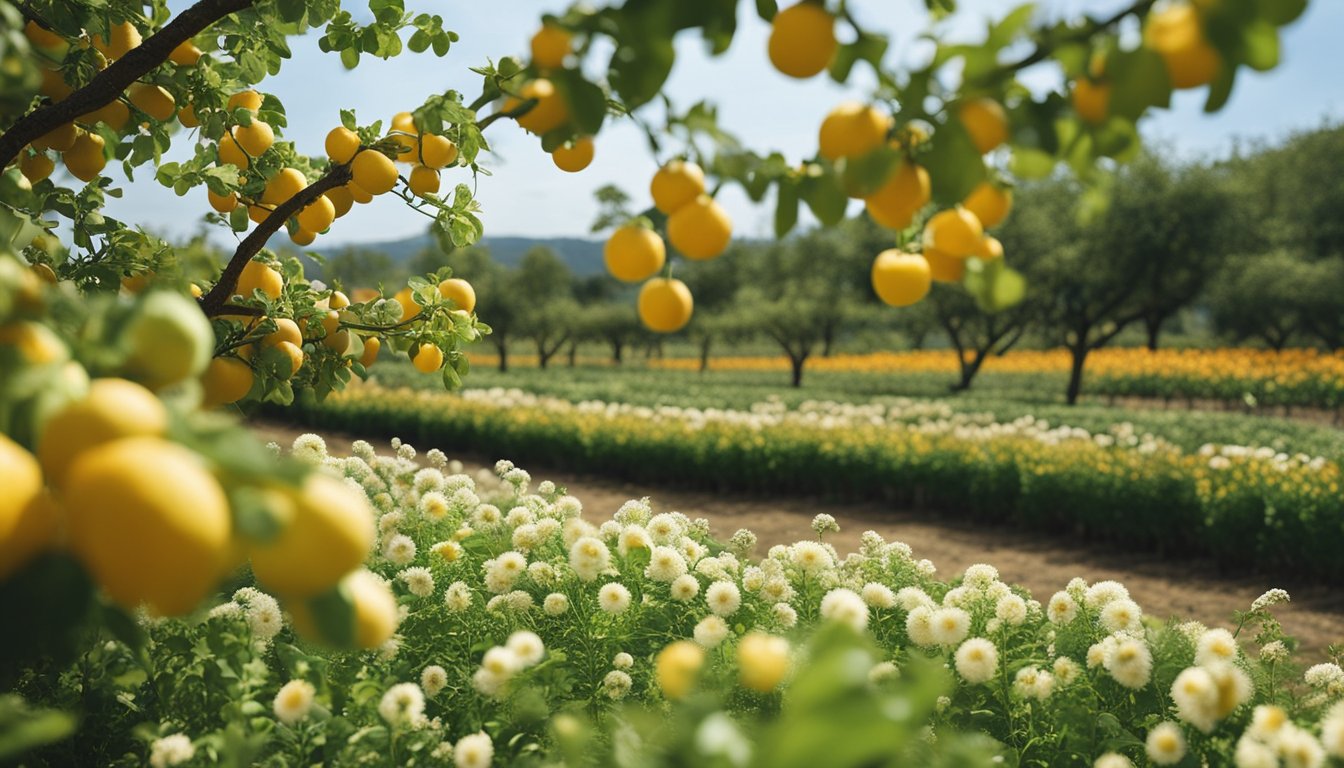 A garden with blooming flowers and ripe fruits, surrounded by open fields and clear skies, symbolizing growth and abundance