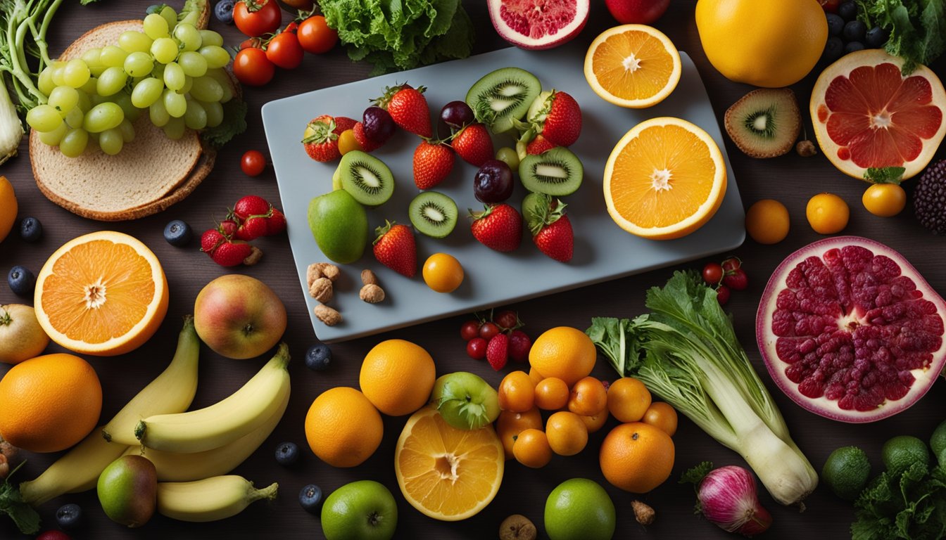 A table with one side overflowing with fruits, vegetables, and flowers, while the other side has only a few items scattered sparsely