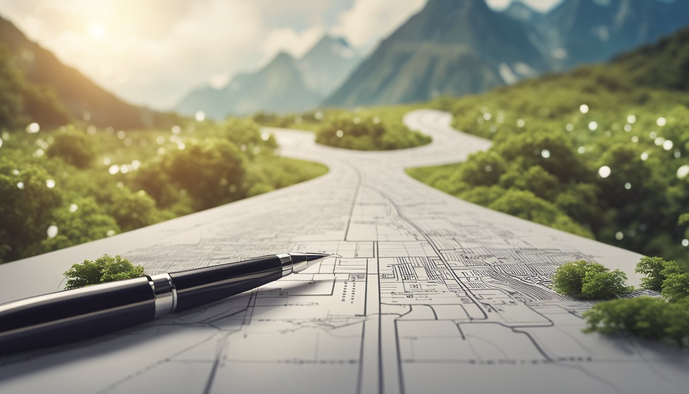 A pen drawing a path from start to finish, with a mountain representing the goal, and a series of checkpoints along the way