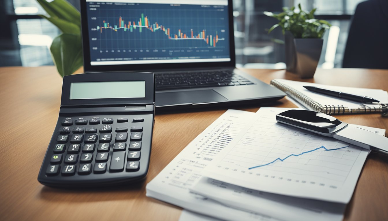 A desk with a pen, paper, laptop, and calculator. Charts and graphs on the wall. A person deep in thought, pondering success